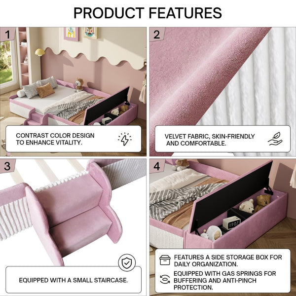 English Elm King Velvet Kids Platform Bed with Padded Guardrails Staircase and Storage Ottoman Pink+White SF000204AAH