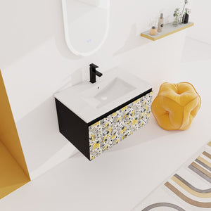 English Elm 30'' Modern Floating Wall-Mounted Bathroom Vanity Set With Ceramic Sink & Soft-Close Cabinet Doors W999S00214
