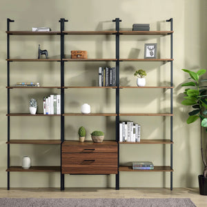 English Elm Wendell Rustic Walnut 4-Shelf Wall Bookcase with Drawer — Space-Saving Engineered Wood Storage, 96" high B062P375508