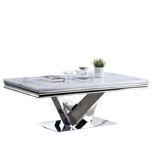 English Elm Modern Glam Coffee Table with 18mm Faux Marble Top, Beveled Edges and Curved Pedestal Metal Base Chrome 55 L x 32 W x 4 H B2741S00433