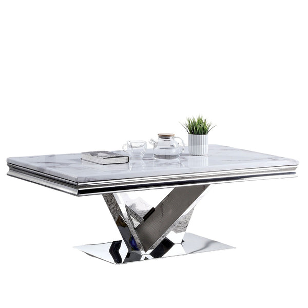 English Elm Modern Glam Coffee Table with 18mm Faux Marble Top, Beveled Edges and Curved Pedestal Metal Base Chrome 55 L x 32 W x 4 H B2741S00433