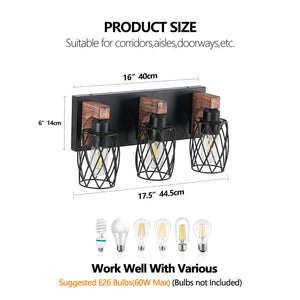English Elm 18" Industrial Vintage 3-Light Wall Sconce Black Cage with Walnut Wood Accents for Bath Hallway W2312P374837