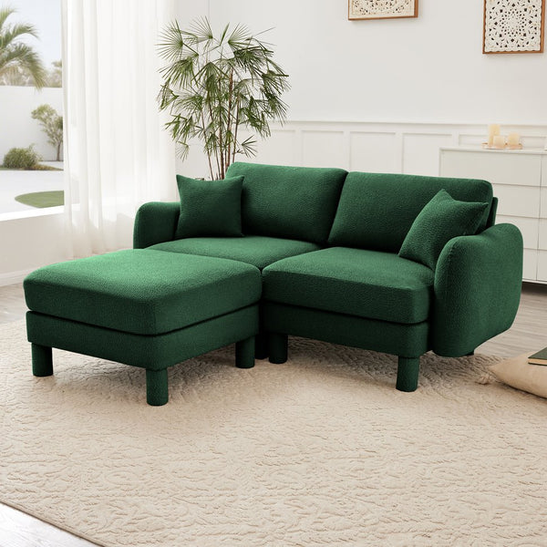 English Elm Boucle Loveseat Sectional Sofa With Removable Ottoman, Shell-Shaped Armrests, Green For Chic Spaces W3041S00307