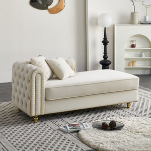 English Elm 66.9''W Velvet Chaise Lounge with Tufted Back and Gold Trim, Luxury Modern Sofa for Living Room Beige W579P224630
