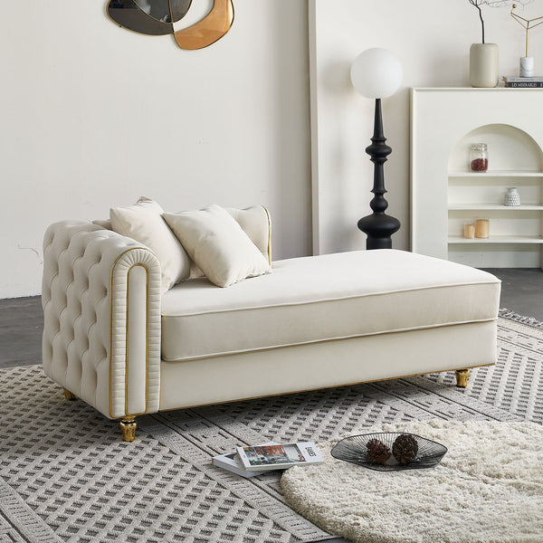 English Elm 66.9''W Velvet Chaise Lounge with Tufted Back and Gold Trim, Luxury Modern Sofa for Living Room Beige W579P224630