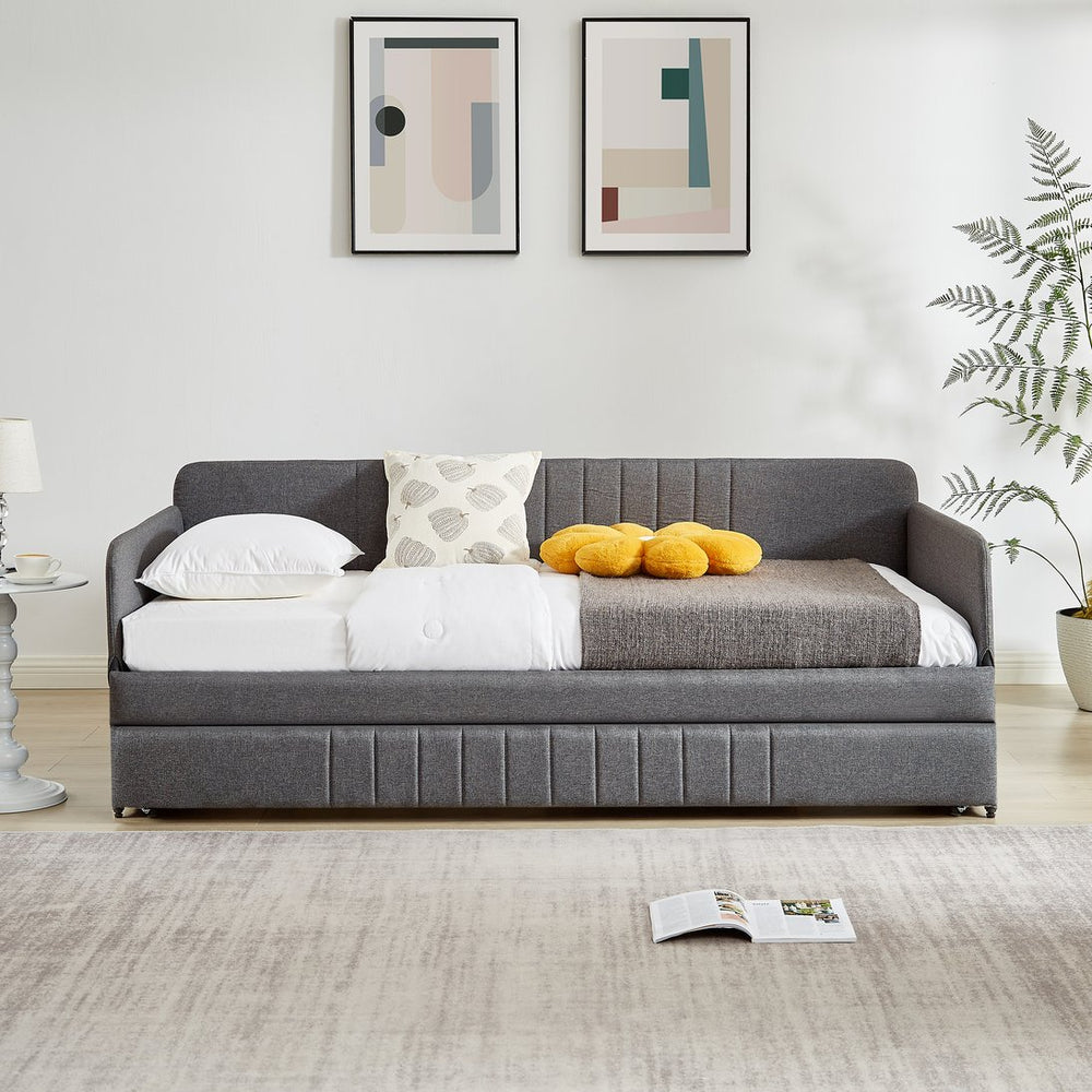 English Elm Daybed, Grey Metal Framed Sofa Bed with Twin Trundle, Durable Iron Frame, 6"-8" Mattress Fit, 78.4" W1162P214581