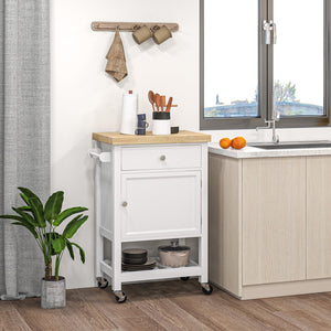 English Elm HOMCOM Rolling Kitchen Cart with Rubberwood Butcher Block Top, Drawer Cabinet Shelf & Towel Rack White W2225P217386