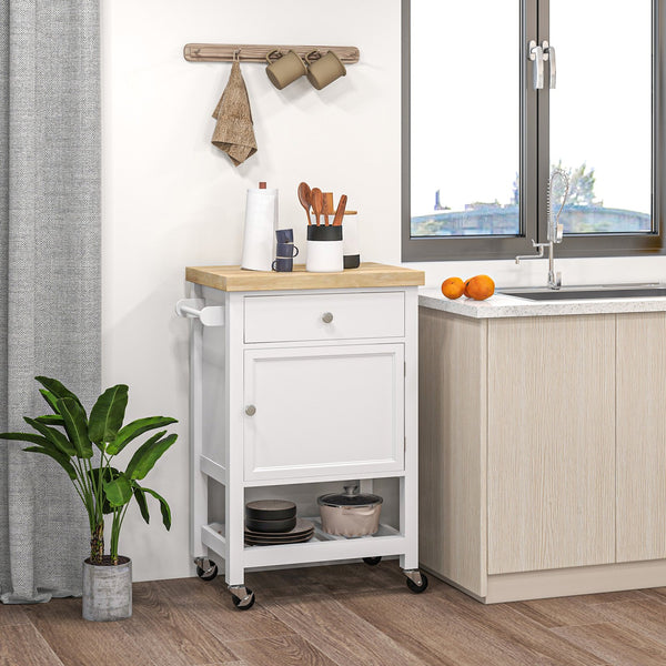 English Elm HOMCOM Rolling Kitchen Cart with Rubberwood Butcher Block Top, Drawer Cabinet Shelf & Towel Rack White W2225P217386