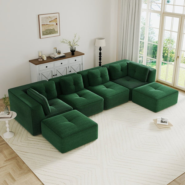 English Elm Modern Corduroy Modular Sectional with Tufted Cushions Two Ottomans Living Room Green W714S01800