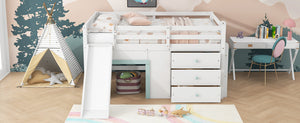 English Elm Full Size Low Loft Bed With Fun Slide, Ample Storage Drawers, And Sturdy Pine Construction - White N7090005003K