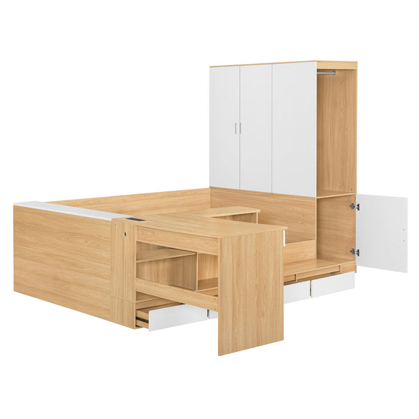 English Elm Full Size Wooden Platform Bed With 6 Drawers, Desk, Shelves & Wardrobe - Stylish Natural Finish N820S00060N
