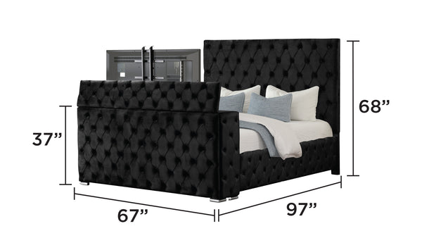 English Elm Encore Modern Tufted Upholstered Queen Bed In Black - Stylish Wood Frame With Tv Compartment & Comfort B009S01651