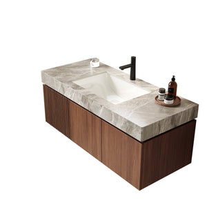 English Elm MURI Wall-Mounted 48" Bathroom Vanity with Durable Sintered Stone Top, Ceramic Basin, Soft-Close Brown Oak,Light Gray W2615S00095