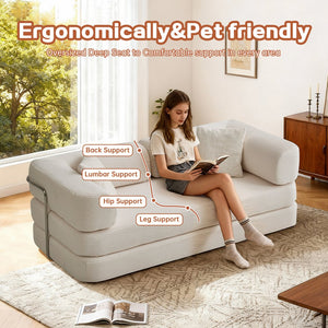 English Elm Floor Floor Couch Convertible 5-in-1 Corduroy Sofa Bed with Pillow-to-Blanket, Reinforced Frame Cream W3565P354961
