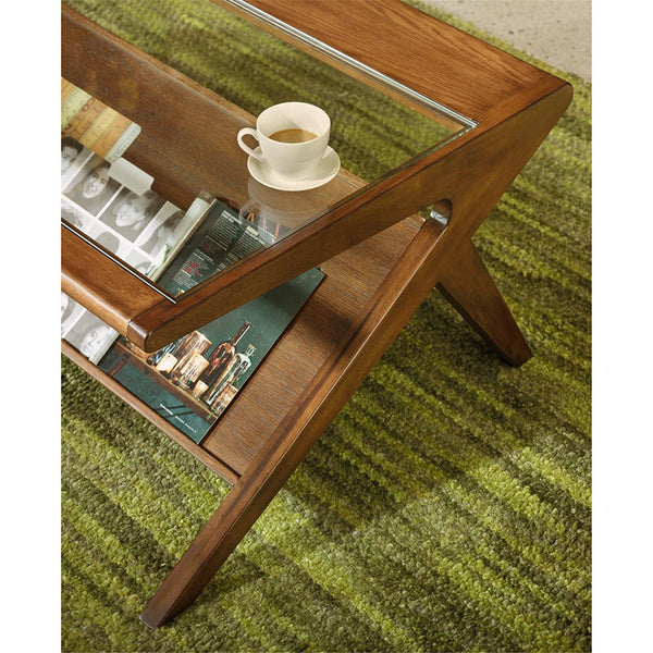 JLA Home INK+IVY - wood Mid-Century Tempered Glass Coffee Table with Angled Base, Open Shelf, Warm Finish — 42" wide IIF17-0045
