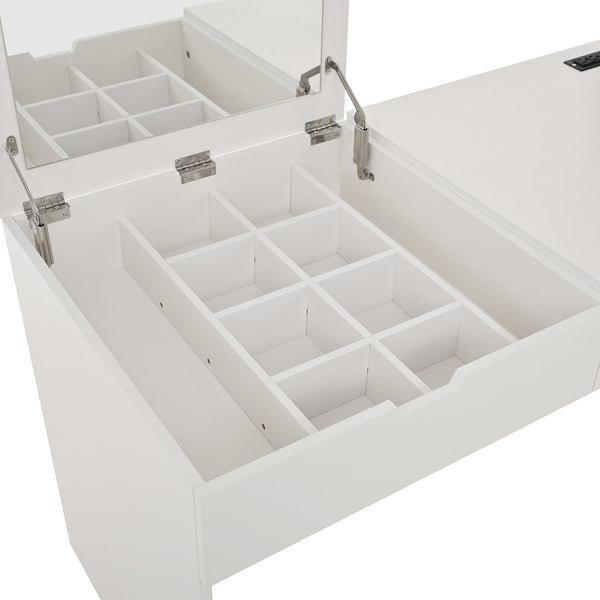 English Elm Versatile Makeup Vanity Desk with Mirror, Built-In Charging Station, 8 Hidden Storage Spaces, White N733S291664K