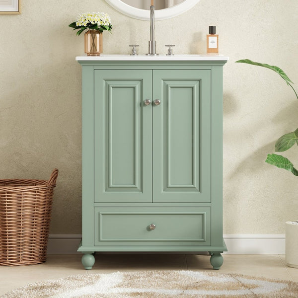 English Elm 24'' French Style Bathroom Vanity with Ceramic Sink Soft Close Cabinet and Drawer Green N710P411227F