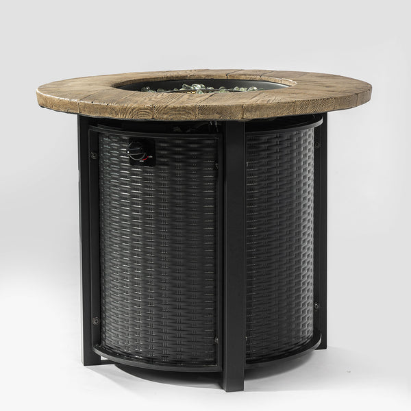 English Elm 30" 50000BTU Propane Fire Pit Table with Faux Wood Grain Top, Stainless Burner, Glass Rocks, Black W853P194144