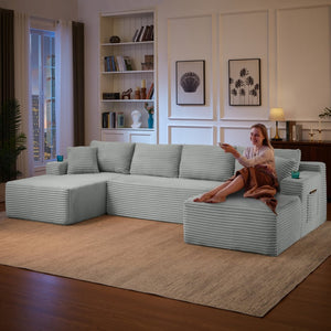 English Elm Compressible Modular U-shaped Sectional Corduroy Cloud Sofa for Spacious Living Rooms Light Grey W2339S00099