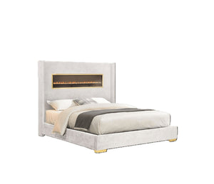 English Elm Contemporary Queen Platform Bed Upholstered Fabric with Fireplace Headboard and Bluetooth Audio White B2741P439943