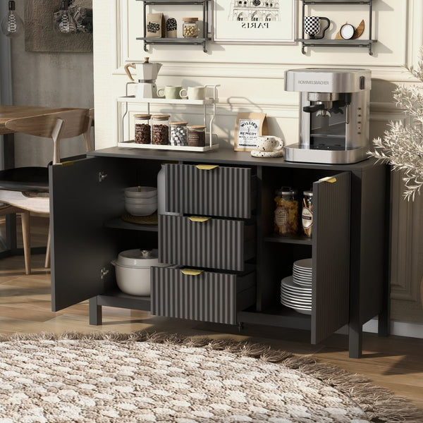 English Elm U_Style Modern Wave-Front Sideboard - 3 Adjustable Shelves & Soft-Close Drawers For Stylish Storage N711P269066B-GIGA