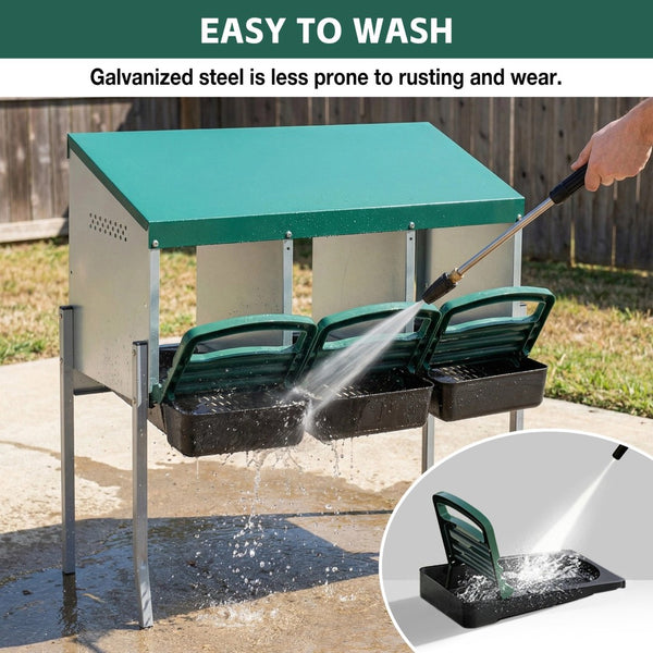 English Elm Nesting Box Galvanized Steel 3 Compartment Chicken Laying Station with Roll Out Tray W1422P292940