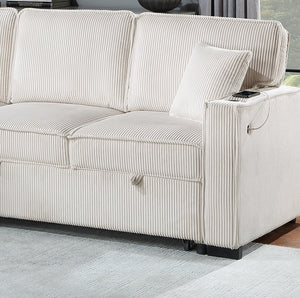 English Elm Convertible Corduroy Sectional Sofa with Reversible Chaise, Hidden Storage, USB Port & Pull-Out Bed Beige 60 L x 30 W x 19 H B011S01244