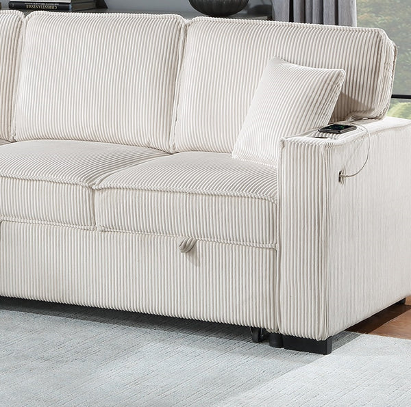 English Elm Convertible Corduroy Sectional Sofa with Reversible Chaise, Hidden Storage, USB Port & Pull-Out Bed Beige 60 L x 30 W x 19 H B011S01244