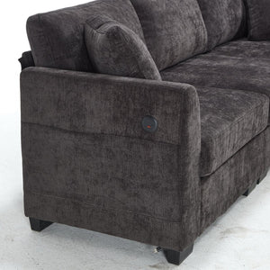 English Elm Modern Chenille L-shaped Sectional with Usb Charging Ottoman Storage Living Room Couch Black W2120S00014