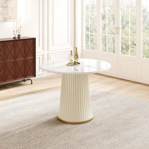 English Elm Modern 35.43 Inch Round Dining Table with Glossy Sintered Stone Top, Pleated PU Leather Iron Pedestal, Adjustable Feet for Stable Elegant White W3456S00055