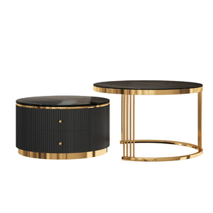 English Elm Modern Round Nesting Coffee Table Set with Gold Pedestal Legs and Storage Drawers Black N735P349323B