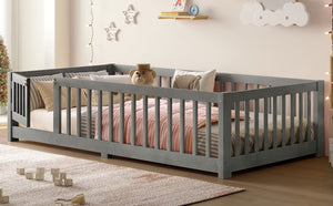 English Elm Twin Floor Bed Solid Pine Frame with Guardrails and Door for Safe Kid Sleep W1580P433575