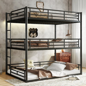 English Elm Twin Triple Metal Bunk Bed Matte Powder Coated Frame with Full Safety Guardrails Black W1580S00580