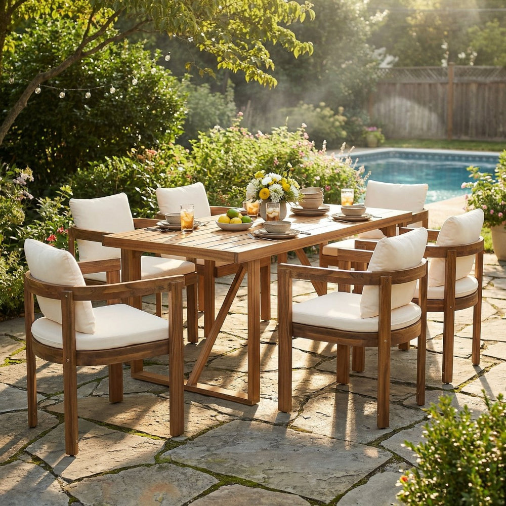 English Elm 7 Piece Solid Acacia Hardwood Outdoor Dining Set with Cream Cushioned Chairs Patio Teak N762P371718D_N762P380633A6