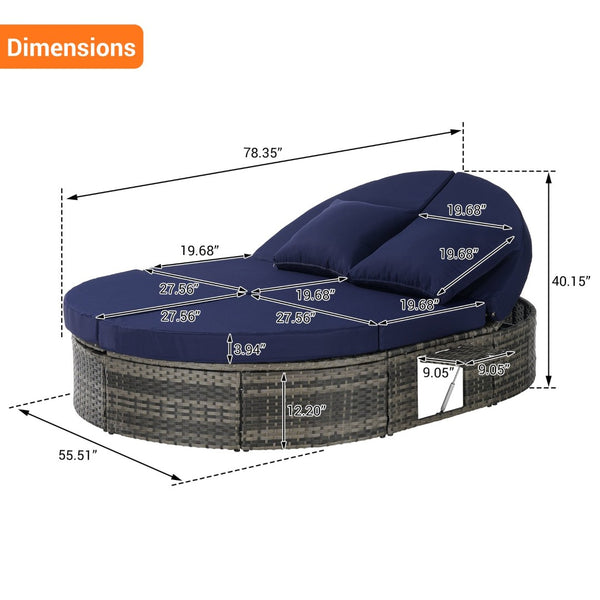 English Elm Outdoor Round Pe Rattan Daybed with Reclining Backrest and Built in Cup Trays Dark Blue W874S00081