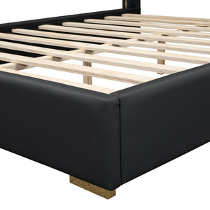 English Elm Full Upholstered Platform Bed with PU Headboard and Metal Accent Strips, Sturdy Slats, Black 440lb Capacity SF000148AAB