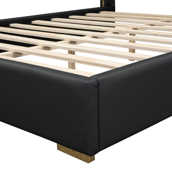 English Elm Full Upholstered Platform Bed with PU Headboard and Metal Accent Strips, Sturdy Slats, Black 440lb Capacity SF000148AAB