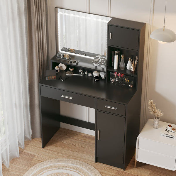 English Elm Vanity Black Dressing Table with LED Mirror, Touch Controls, 3 Lighting Modes, Large Drawer Storage W2386P389996