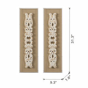 English Elm S/2 Carved Scroll Wood Wall Plaques Antique White Sculptural Relief Art for Entryway W2078P313341