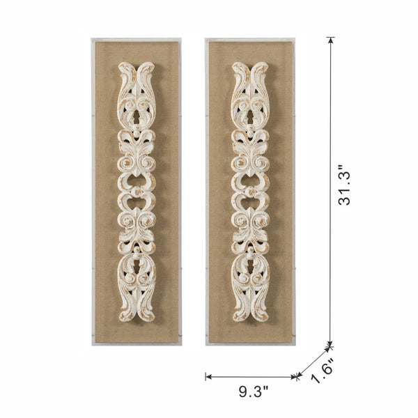 English Elm S/2 Carved Scroll Wood Wall Plaques Antique White Sculptural Relief Art for Entryway W2078P313341