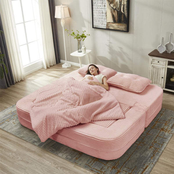 English Elm Multi Purpose Corduroy Sectional with Chaise Converts to King Floor Bed Deep Seat Baby Pink W3219S00008