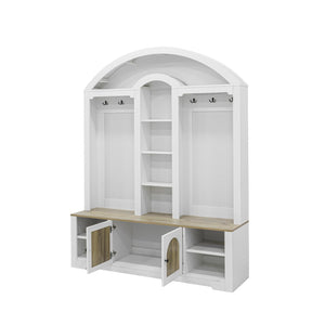 English Elm Multi-functional Hall Tree with Mdf Body Open Shelves Hooks and Scandinavian Two-tone Style White+Walnut SJ000158AAK