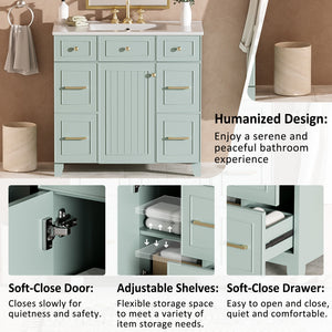 English Elm 36" Green Bathroom Vanity with Ceramic Sink, Gold Handles, Soft-Close Drawers & Adjustable Shelf N729P257304F