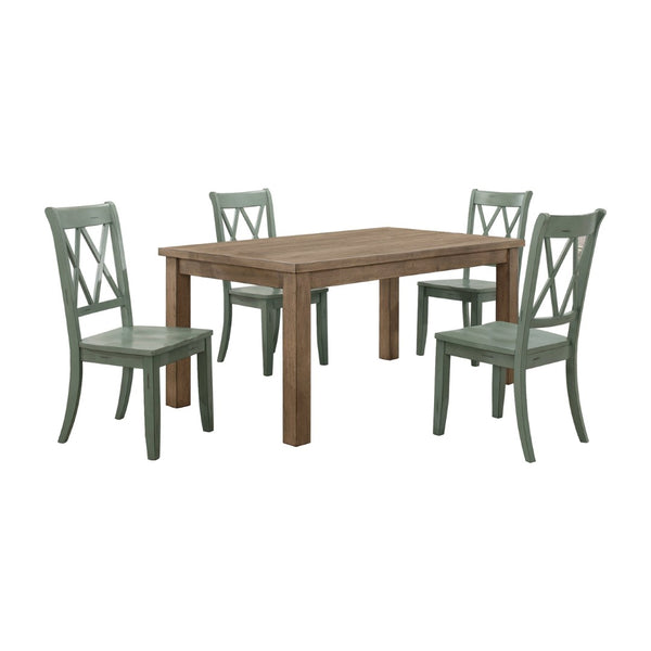 English Elm 5pc Farmhouse Dining Set Pine Table with Four Double X Back Chairs for Kitchen Brown+Teal B011S00998