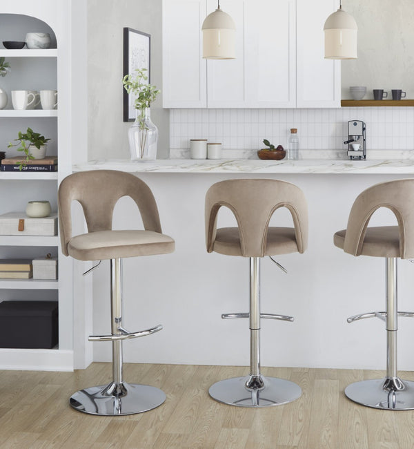 English Elm Adjustable Velvet Swivel Barstools with Chrome Base for Kitchen Islands Set of 2 B202S01960