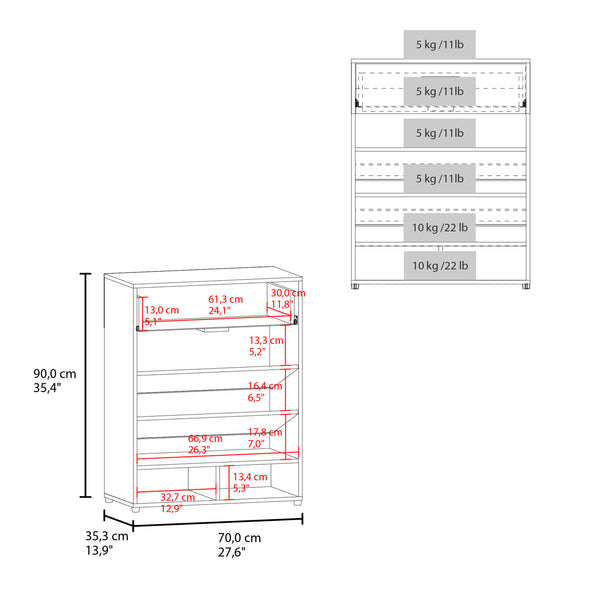 English Elm Alpine 3-Tier Shoe Rack with Drawer and Five Shelves — Compact White MDF Organizer for Entryways B200P335333