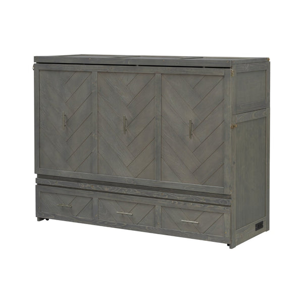 English Elm Queen Murphy Cabinet Bed Pine Wood Geometric Panel Antique Grey with Usb Charging W504S00302