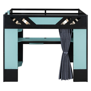 English Elm Full Size Loft Bed with Desk Blackout Curtains Rgb Lighting and Integrated Storage Black+Blue LT000377AAC