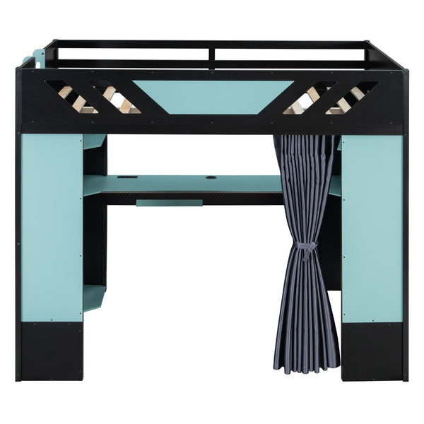 English Elm Full Size Loft Bed with Desk Blackout Curtains Rgb Lighting and Integrated Storage Black+Blue LT000377AAC