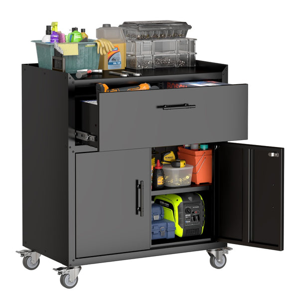 English Elm 2 Door Locking Steel Garage Cabinet on Wheels with Drawer and Adjustable Shelving W1831P286301